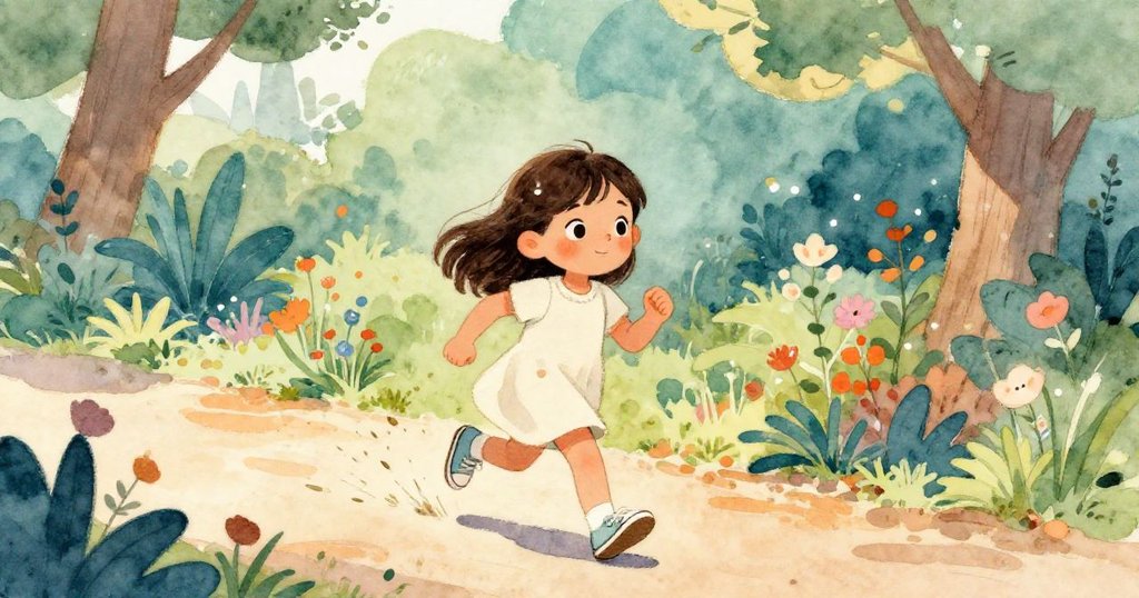 珍珠在溫暖泥徑上奔跑，身影躍動，散播草米，背景展現充滿生機的材料花園，情節逐步推進。