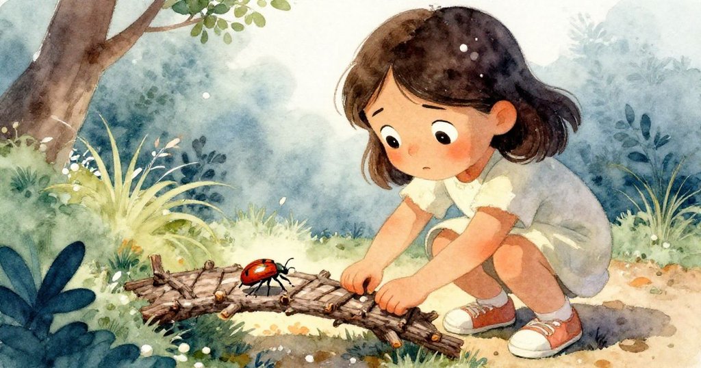 珍珠面帶焦慮，專注調整著搖搖欲墜的枝條橋，她的眼中透露出堅決與擔憂，甲蟲小心試探橋樑，情節到達轉折。