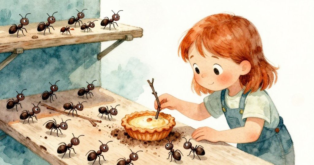 凱拉在戶外晾曬架前，輕推細枝給忙碌的螞蟻，表情溫柔，安靜互動象徵著一天探險的結局。