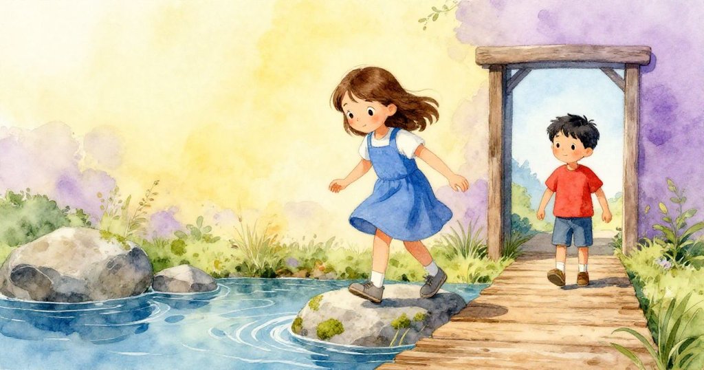 Josie踏上青苔石，穩步踏入溪邊木板路，Cole緊跟隨，展現期待與冒險的開端，環境生動而溫暖。