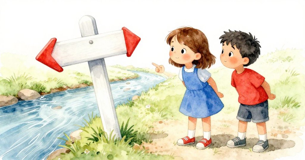 Josie與Cole凝視著傾斜的標記柱，左右箭頭象徵選擇，兩人滿懷好奇於溪邊靜謐景致中。