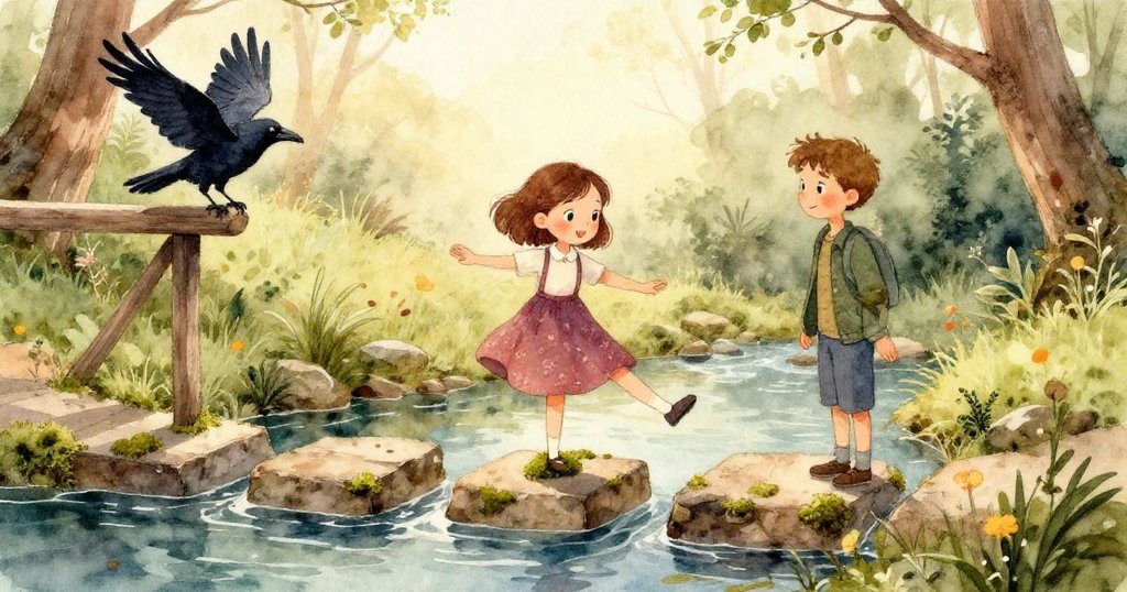 Josie專注觸摸粗糙的石頭，她的背包上可愛海象鑰匙輕輕搖晃，細節展現探險中的好奇心。