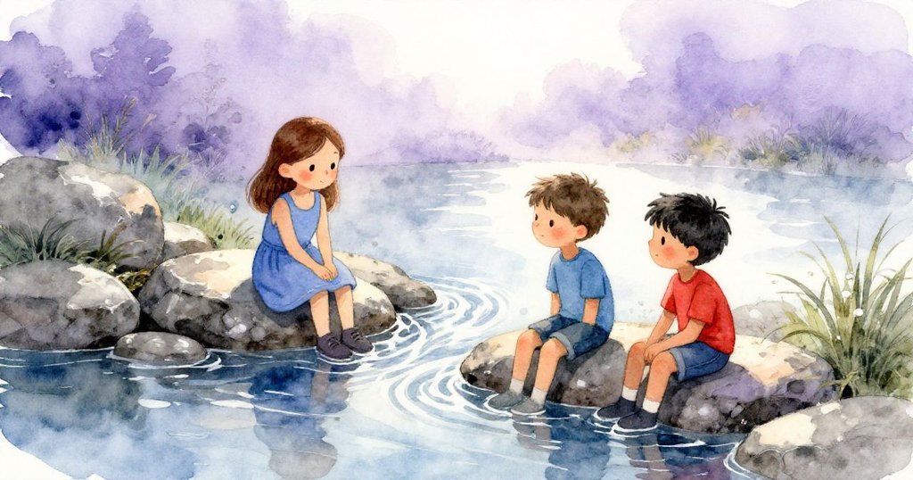 Josie與Cole在傍晚柔銀光中凝視濕潤石堆與漩渦水流，心境平靜，感受季節流轉與內心寧靜。