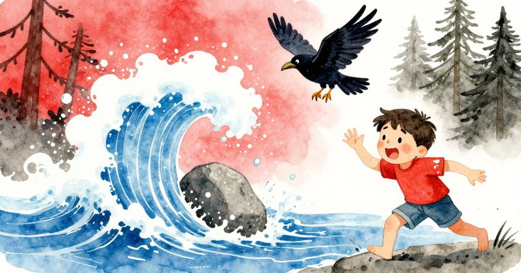 湍急水流衝擊石塊，Cole的紅色衣袖被濕透，驚嚇的烏鴉展翅離去，動感場面充滿活力與緊迫。