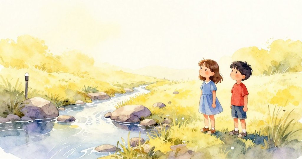 平靜傍晚，Josie與Cole並肩立於靜謐溪畔，穩固標記柱見證探險落幕，溫柔光線映照自然美景。