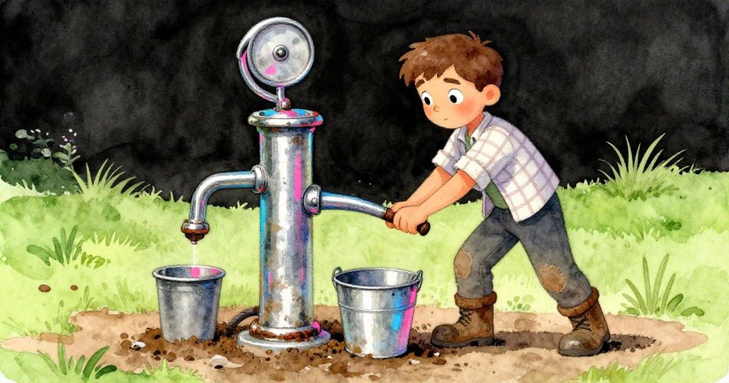 福瑞斯在鄉村老舊水泵前操作，把手生鏽，泥地與桶子映襯出平靜氛圍，燦爛電藍與酸綠交織中展現期待與專注