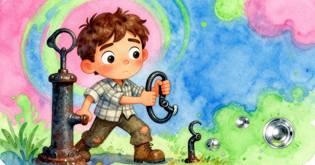 福瑞斯凝聚在水泵旁，面部特寫展現專注與堅定，豐富電藍與酸綠色調襯托出農場忙碌前的寧靜