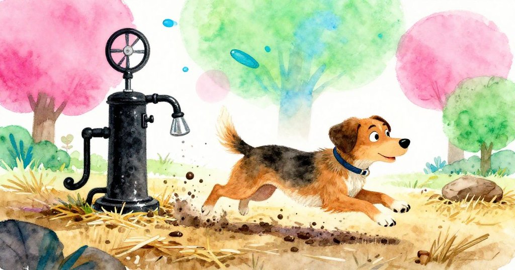 農場小狗在草堆與泥濘中迅速奔跑，尾巴模糊揮動，背景散發電藍與酸綠光芒，充滿活力與動感