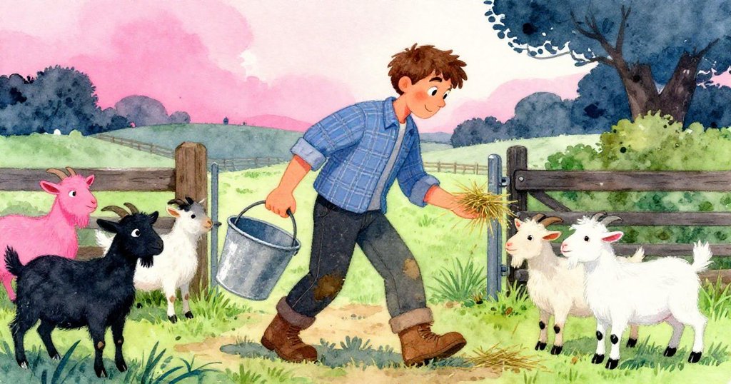 福瑞斯滿足地將滿桶貨物運向大門，山羊聚集享用新鮮草料，農場彌漫電藍與酸綠溫暖光芒，結局祥和