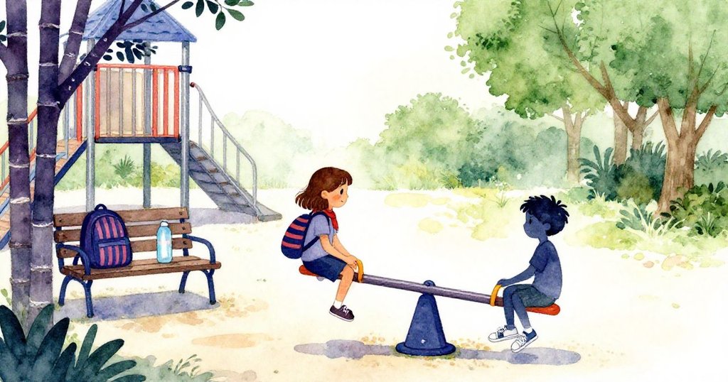 在明亮陽光下，Clara與Silas在遊樂場鞦韆旁出發，板凳上有甘蔗、背包與水瓶，輪廓分明展開冒險。