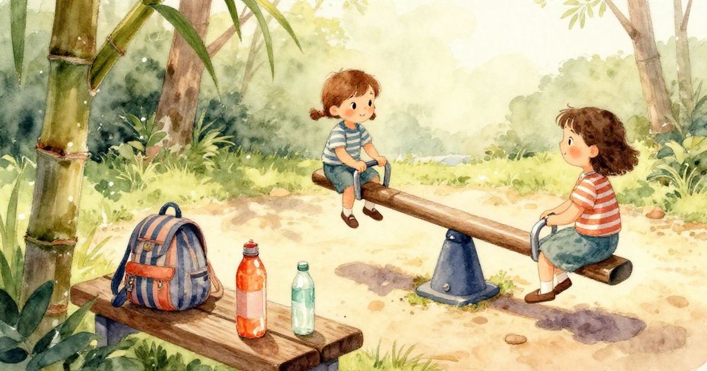 水瓶躺於板凳上，透過水感光層映出夏日微光，沙粒與亮澤交織呈水下奇景。