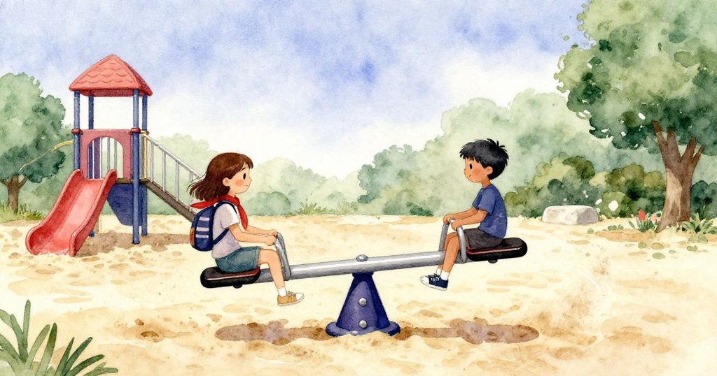 風力使鞦韆恢復平衡，Clara與Silas面帶寧靜表情，沙粒輕舞在柔和天空下結束冒險。