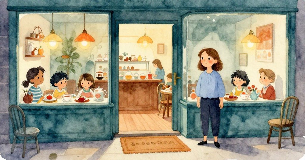 哈瑞特正穿過玻璃隔間進入溫馨茶館，地板上粗糙門墊映襯出柔和燈光，充滿期待與專注的表情。