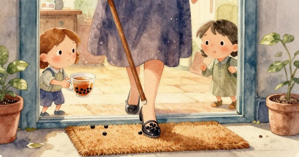 哈瑞特的手正輕輕探入裝有熱茶及珍珠的杯中，細緻描繪了茶液紋理與珍珠觸感，充滿專注感。