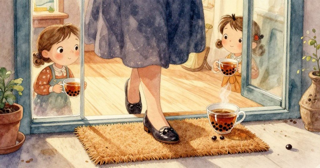 從半透明茶杯內部觀察，熱茶中珍珠逐漸僵硬，隨著吸管輕輕滑動，呈現出夢幻流水般動感畫面。