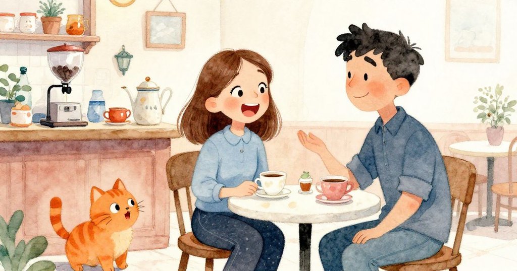 哈瑞特與福雷斯站在茶館櫃檯邊快樂交談，圓橘貓嬉戲靠近吸管機，氣氛溫馨慶祝，滿含喜悅。