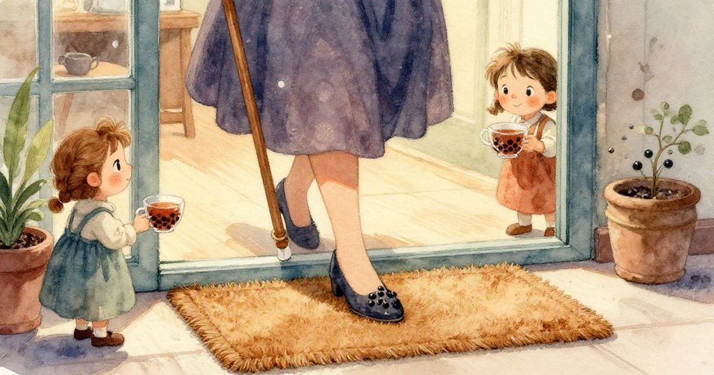 在茶館櫃檯前，封存的杯子旁吸管緩緩滾動，紙板輕舞背景，呈現出悠然深思與細膩餘韻。