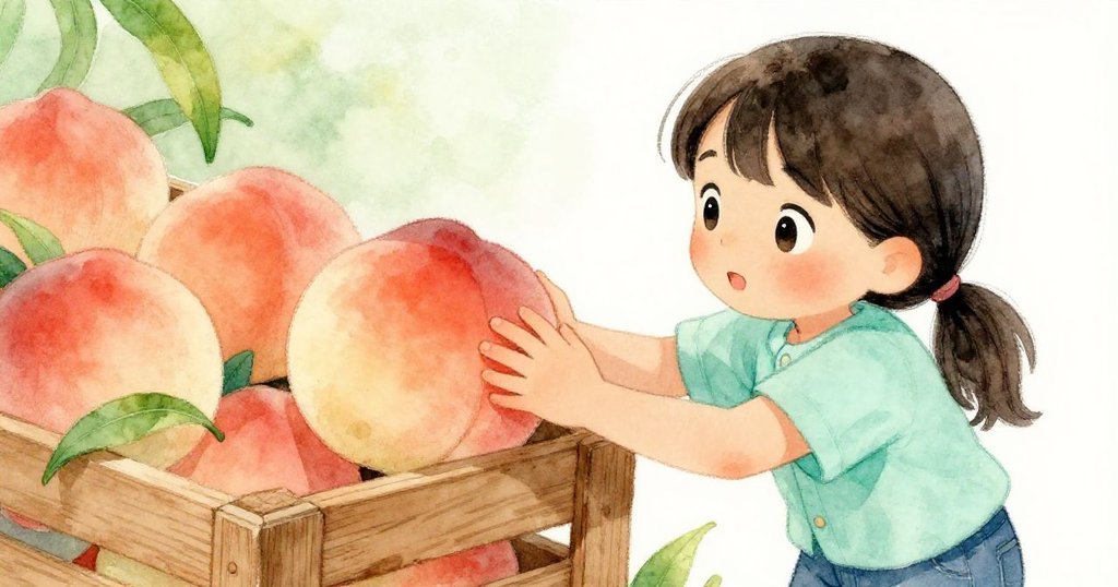 Suki小心按壓桃子在粗糙貨箱上，手法細膩展示細節，象徵謹慎精神，展現故事中轉折時刻。