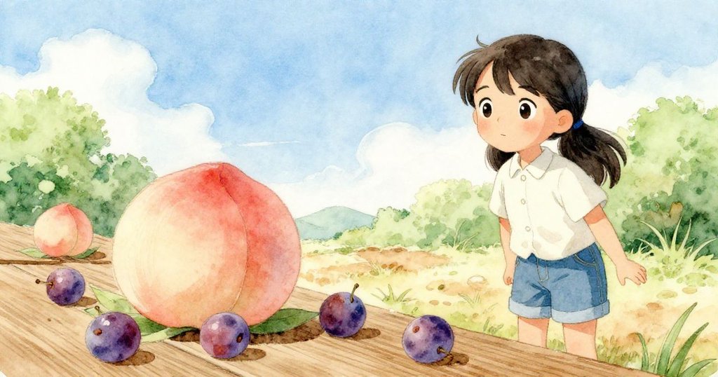 Suki在日光下注視果實連鎖反應，前景中桃子與李子滾動碰撞，多層次構圖展現故事發展。