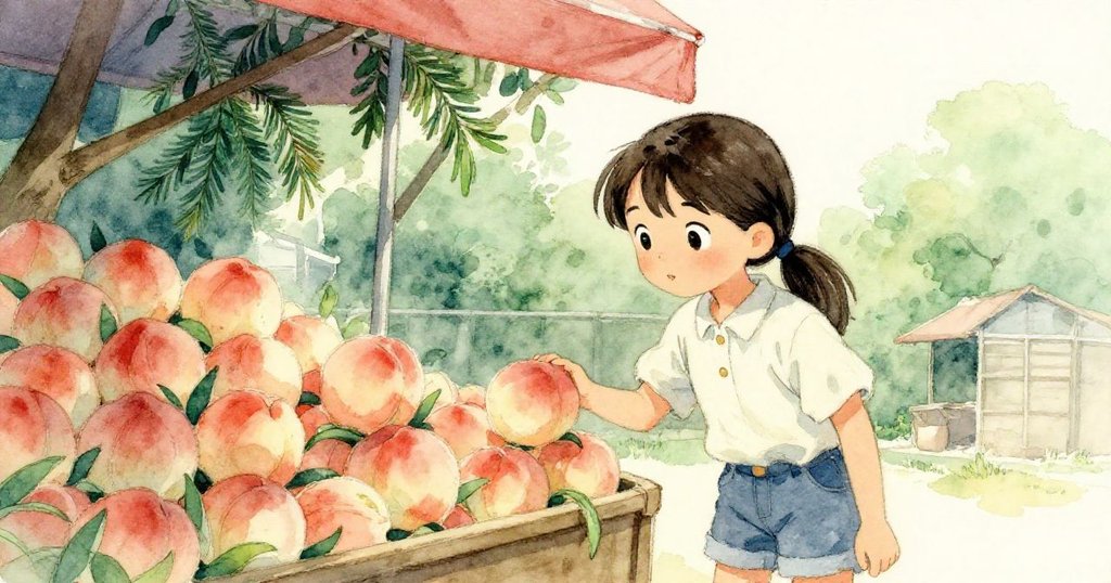 Suki在遮陽篷隱秘角落仔細觀察堅實桃子，光影對比明暗分明，隱藏空間營造神秘故事情境。