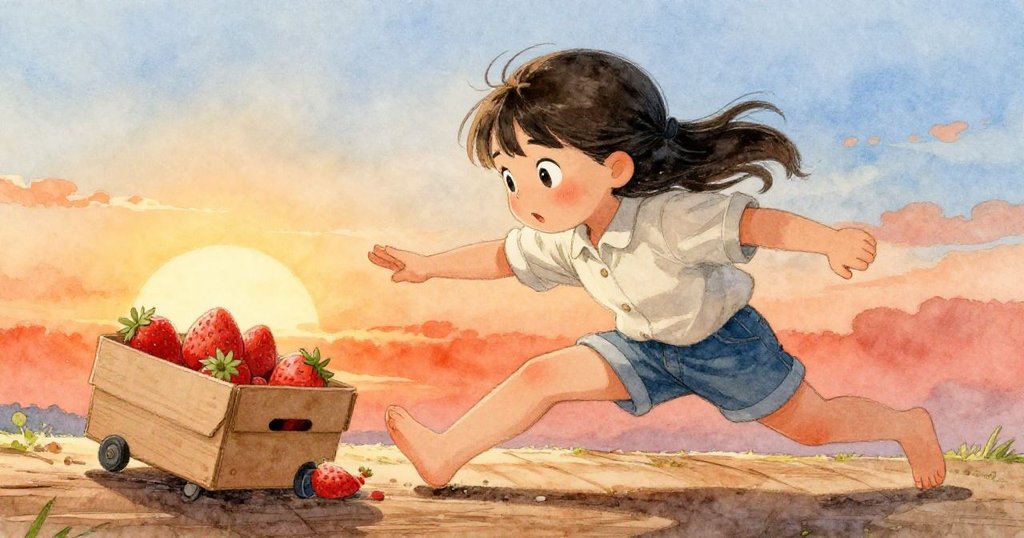 Suki急速出手阻止草莓箱滑落，瞬間定格動作緊張，臉上展現堅定專注，高潮情節生動呈現。