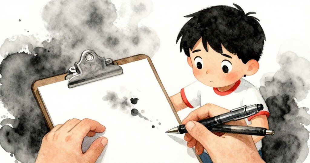 以Rafael視角展現,其手正操作有凹凸邊緣的剪貼板與四支磨損筆,光影明暗對比明顯。