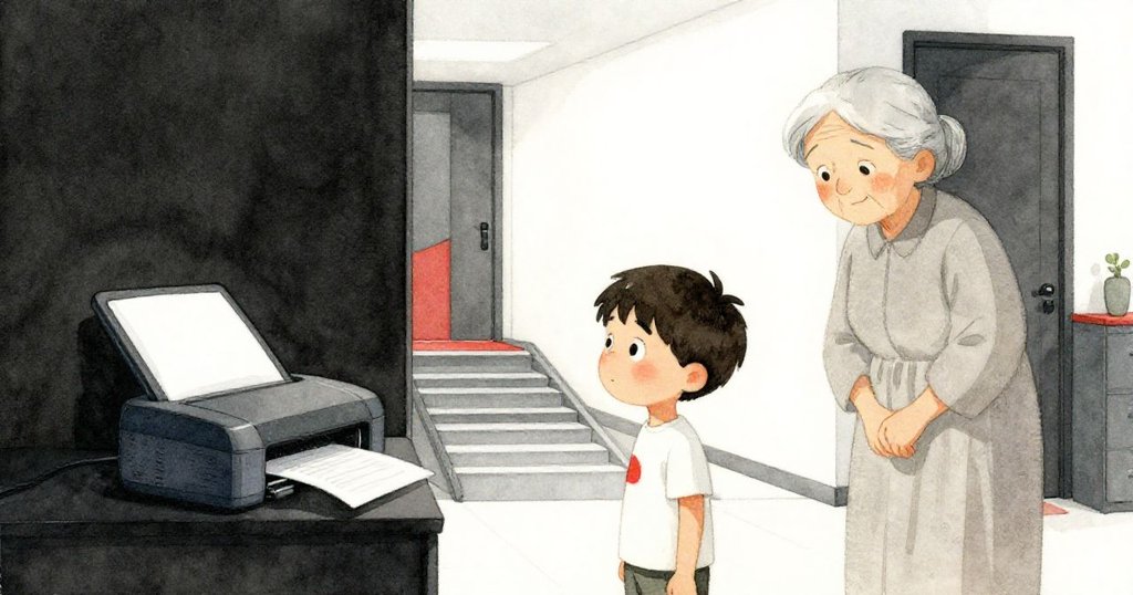 在現代走廊中,Grandmother溫柔微笑等待於入口處,旁邊標籤印表機持續運作,Rafael忙碌身影隱約可見。