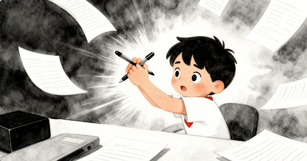 Rafael急速動作挑選剩餘筆,身形充滿急迫與決心,背景辦公桌上紙張散亂,光影動態強烈。