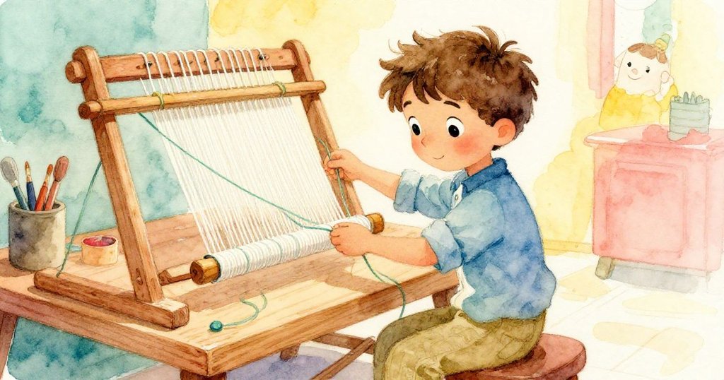 Yves 在傾斜的畫面中專注於拉緊綠色蠟線，溫暖光線映出木質工作台，充滿探索情緒。