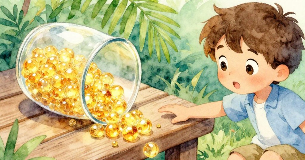 Yves 手碰玻璃珠杯，溫暖陽光下珠子散落在木凳上，神情驚訝與專注。