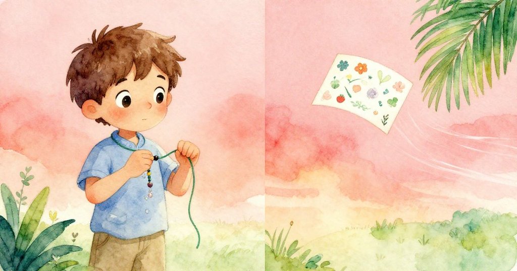 Yves 分屏畫面中正細心穿珠，同時票卡被微風吹動，畫面動靜結合。