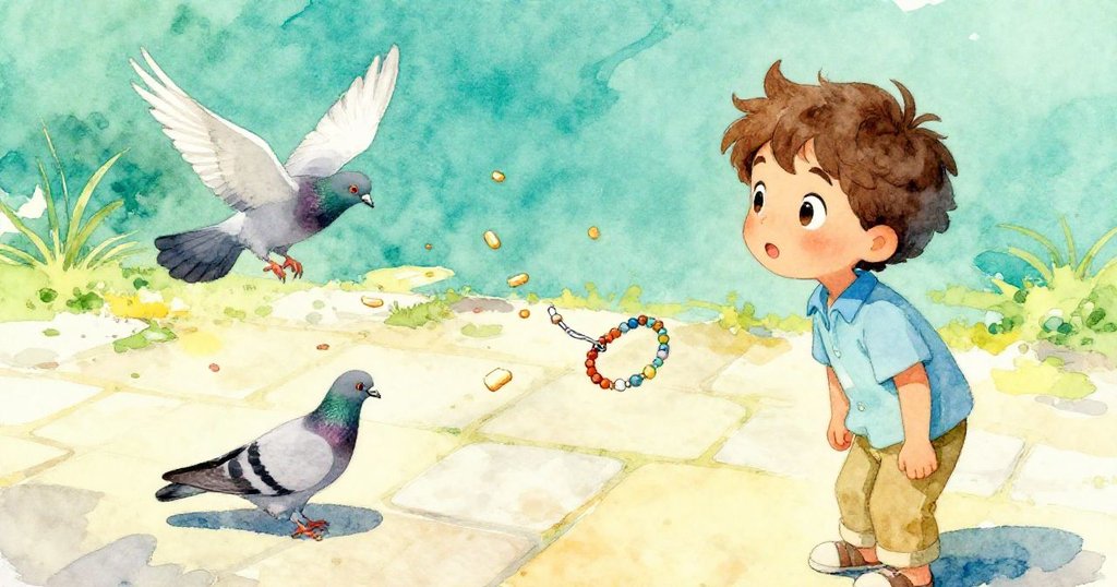 Yves 在戶外觀看鴿子追逐麵包屑，陽光普照，環境活潑溫馨。