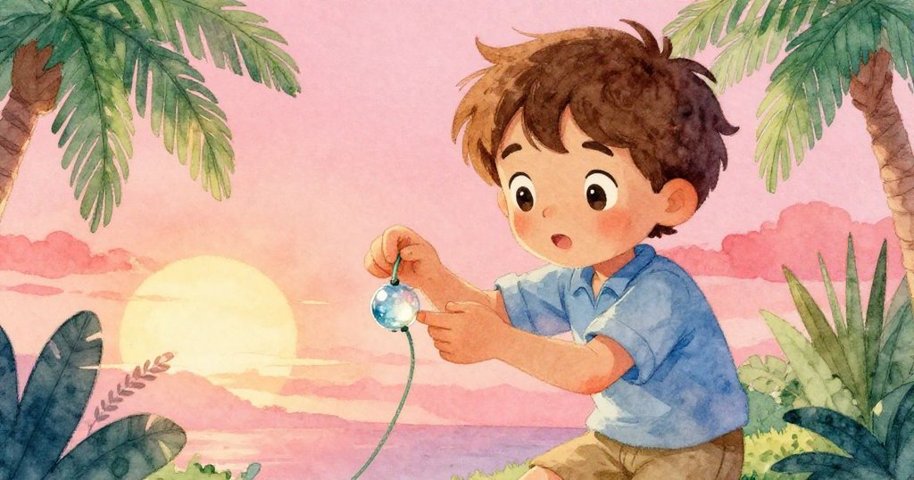 Yves 手中綠線固定即將穿過玻璃珠，特寫捕捉緊張與決心，陽光閃耀。