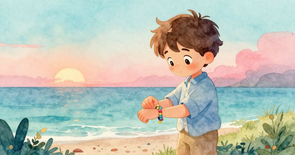 Yves 平靜欣賞完成手環，暖色光線映襯環境，結局充滿滿足與幸福。