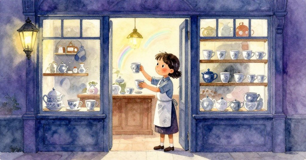 小娜在溫馨茶館入口輕推新封口的杯子,溫暖燈光照耀下玻璃上出現彩虹與隱約圓圈,她表情專注充滿期待。