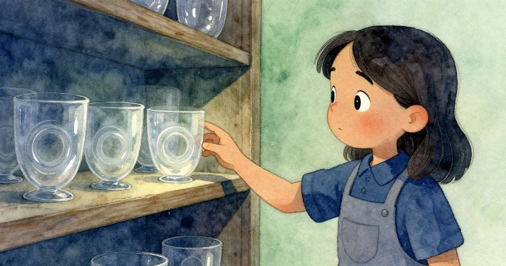 小娜停下工作細看杯子底部與玻璃接觸形成的五個隱約圓圈,她的手輕觸杯沿,神情專注又驚喜。