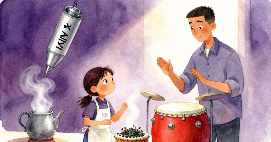 小娜站在冒著蒸氣的烏龍水龍頭旁細看杯圈,背景中的高個設計師輕敲櫃台,氛圍中充滿創意與靜謐。