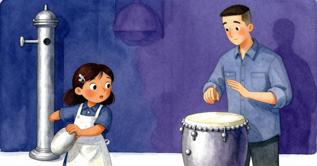 小娜專注移向珍珠罐,背後設計師輕敲櫃台營造節奏,畫面中充滿認真與對比的動感。