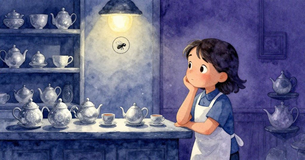 茶館關門後燈光昏暗,小果蠅輕觸杯子最後圓圈,小娜靜立思索,畫面充滿夜晚沉靜與細膩情感。