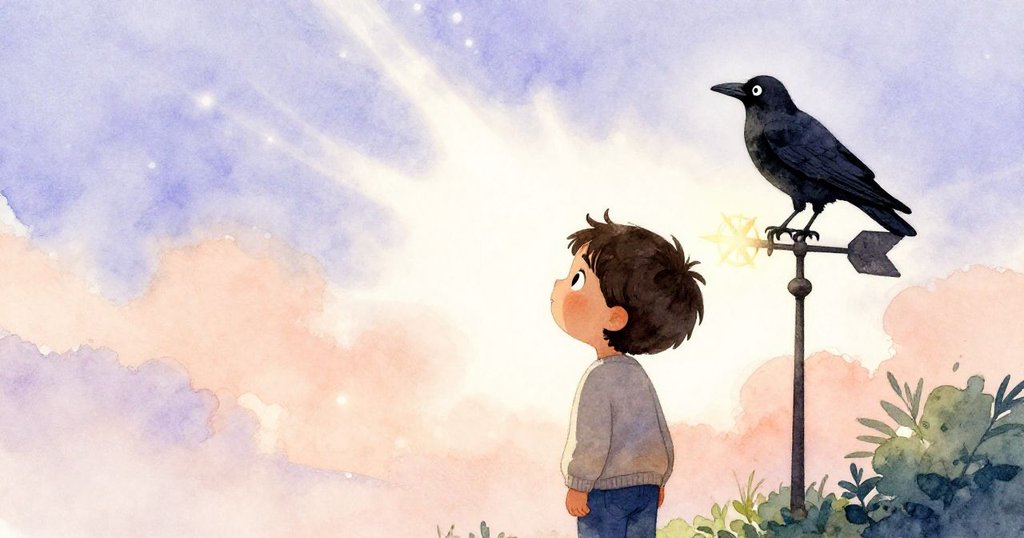 格里爾站在明亮天空下側影觀望風向，風向器和烏鴉在溫暖光線中動感展現。