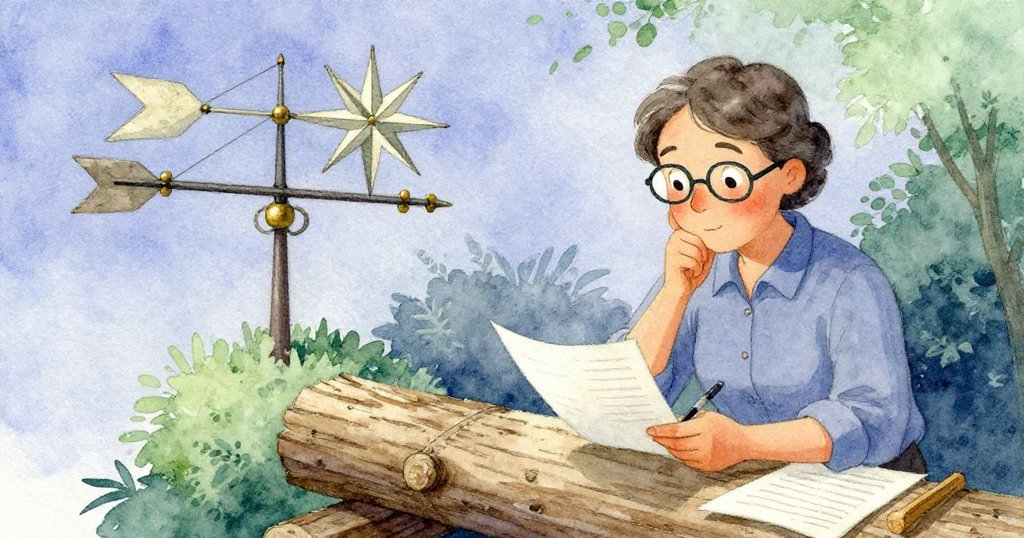 老師在柔光下記錄雲高，陳舊風向器與筆芯細節展現歲月痕跡，格里爾靜待訊息。