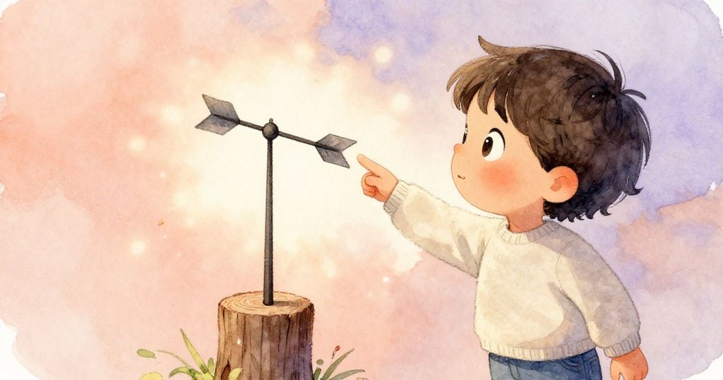 從格里爾背後視角可見他專注調整風向器，手中握著筆記本和筆芯，微風吹拂背景。