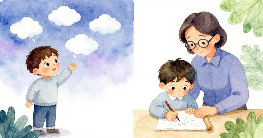 老師與格里爾分畫面動作並存，前者報告雲高，後者用心書寫，展現真實與憶想交織美景。