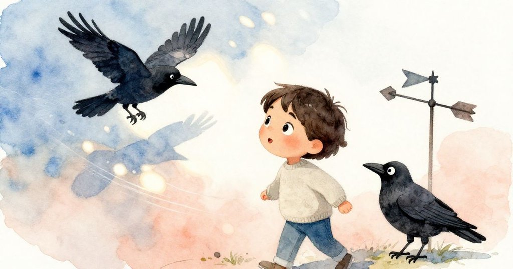 風勢強勁中箭頭從東轉向東北，烏鴉振翅飛翔，格里爾注目動感軌跡，場景充滿生氣。