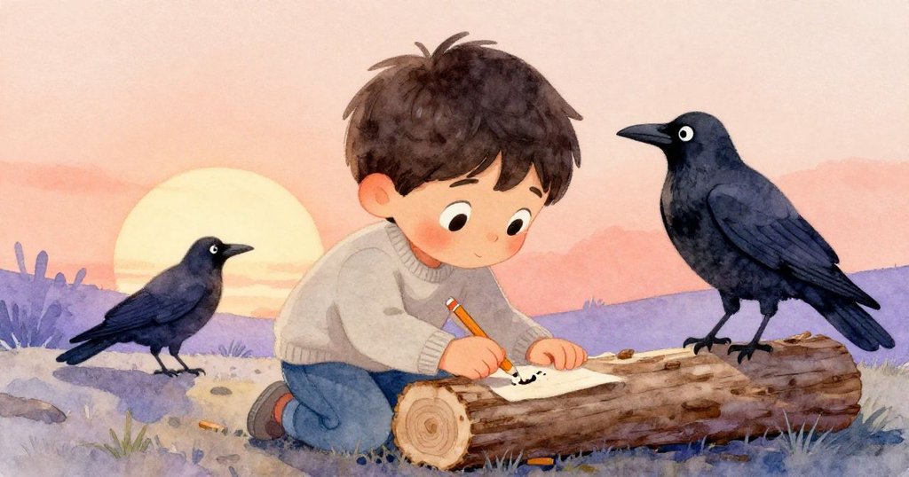 格里爾合上筆記本，低頭注視破碎筆芯，烏鴉遠鳴，夕陽柔光中流露出深沉內省情感。