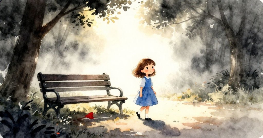 Fleur早晨走向公園長椅，晨霧中光影柔和，她滿懷期待開始精心串珠，臉上流露出堅定與好奇。