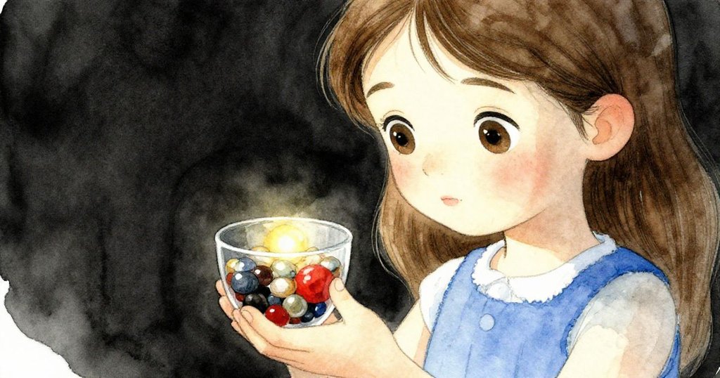 Fleur專注握著手中杯子，輕輕讓玻璃珠滾出，特寫呈現細緻串珠工序，臉上滿是專注與期待。