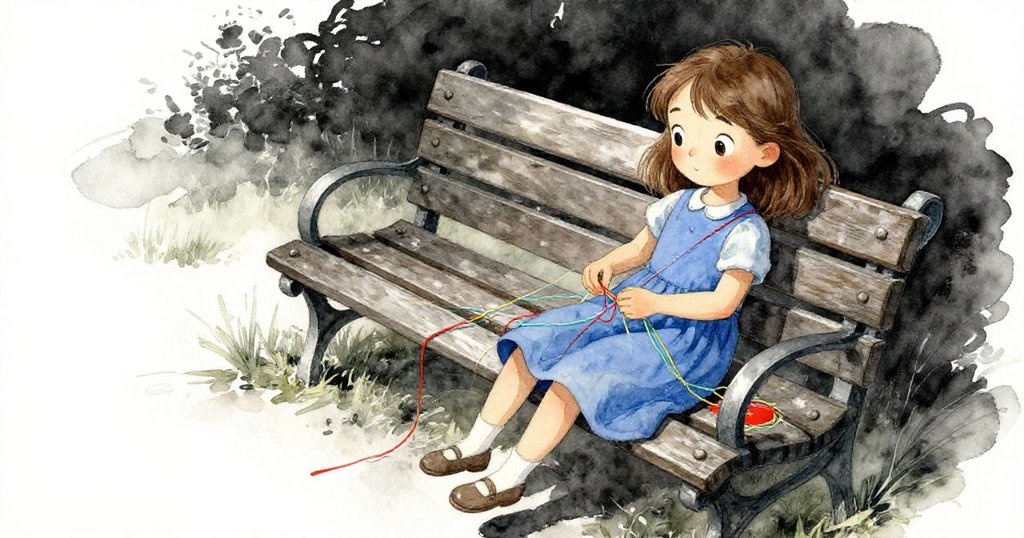 Fleur傾斜視角下調整彩線結，紅黃藍線錯落排列，她專心修正鬆弛環節，動作敏捷充滿投入。