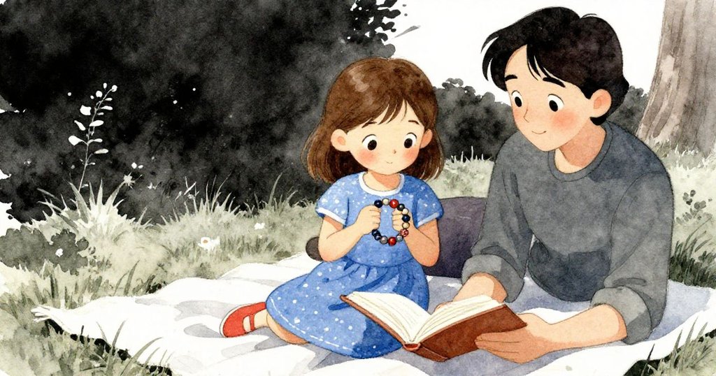 Fleur滿足舉起完成的珠飾，旁邊親戚於草地上閱讀，場景溫馨平靜，彰顯努力後的圓滿與和諧。