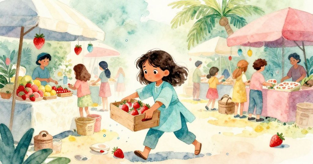 在熱鬧市集中,Xara在露天帳篷下用手滑出籠子裡覆著水珠的草莓盒,充滿專注與活力的市場場景。